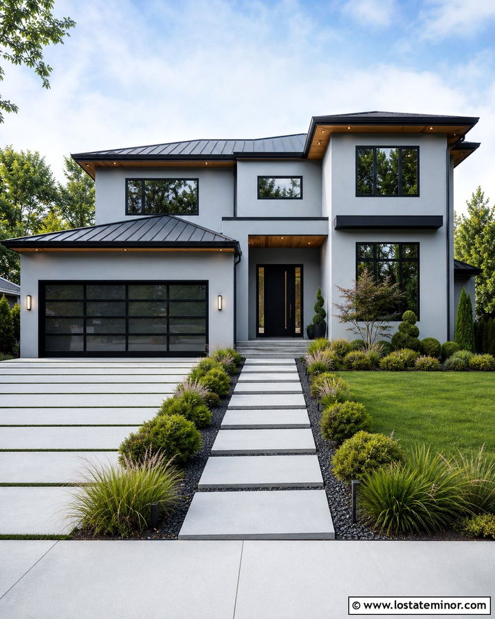 Light Grey House With Black Glass Garage Door - 30 Light Grey House Design With Garage Door Ideas