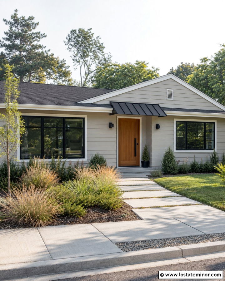 Light Grey House With Black Metal Door Awning - 30 Light Grey House Design With Awning Ideas