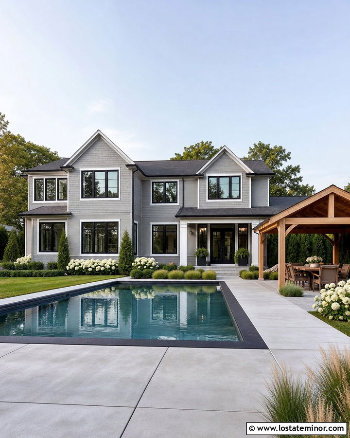 Light Grey House With Black Pool Coping - 30 Light Grey House Design With Swimming Pool Ideas