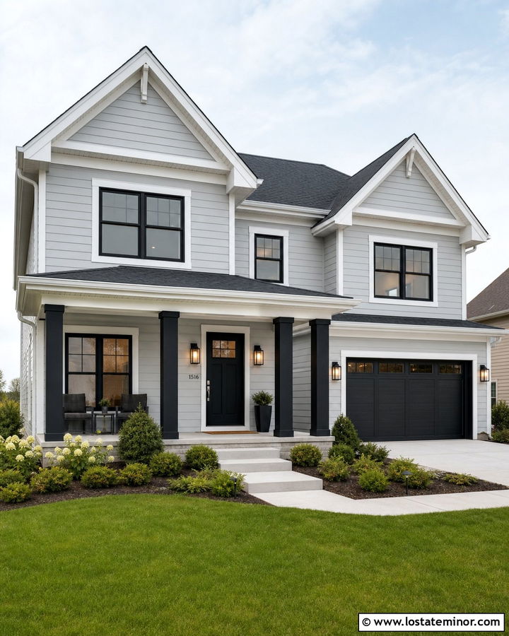 Light Grey House With Black Porch Columns And Door - 30 Light Grey House Design With Porch Columns Ideas
