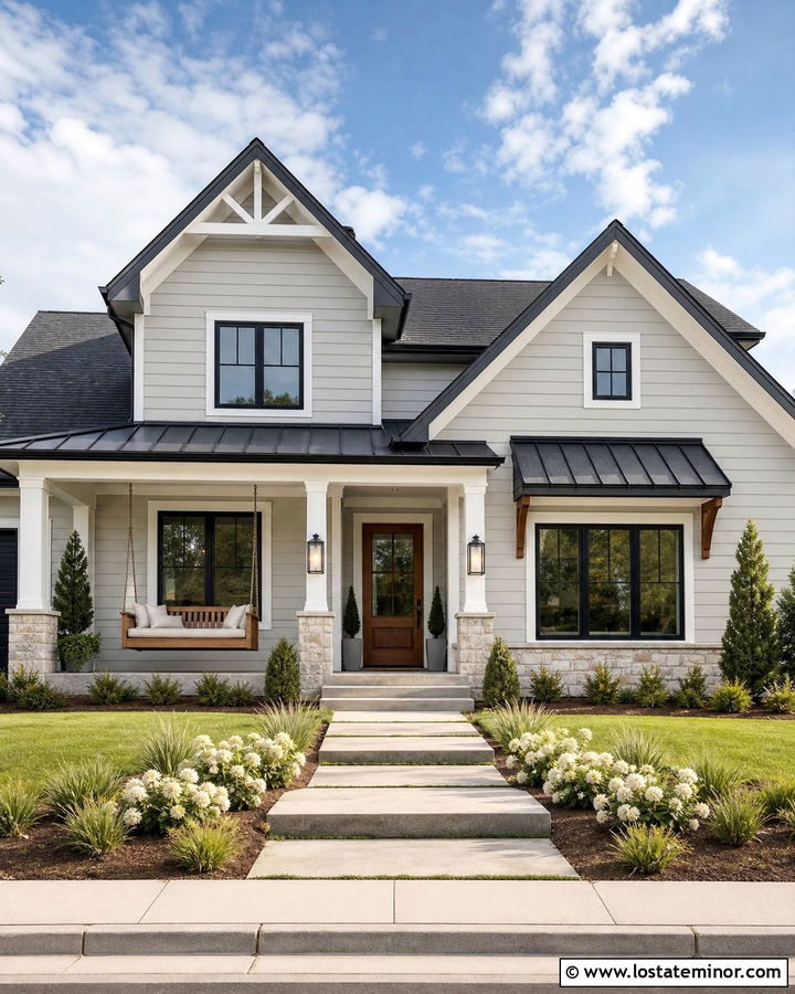 Light Grey House With Black Roof And Swing - 30 Light Grey House Design With Swing Ideas