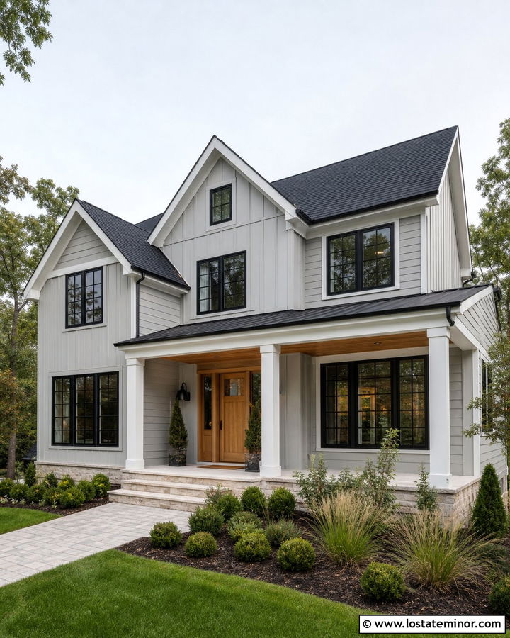Light Grey House With Black Roof And Wood Door - 30 Light Grey House Design With Roof Ideas