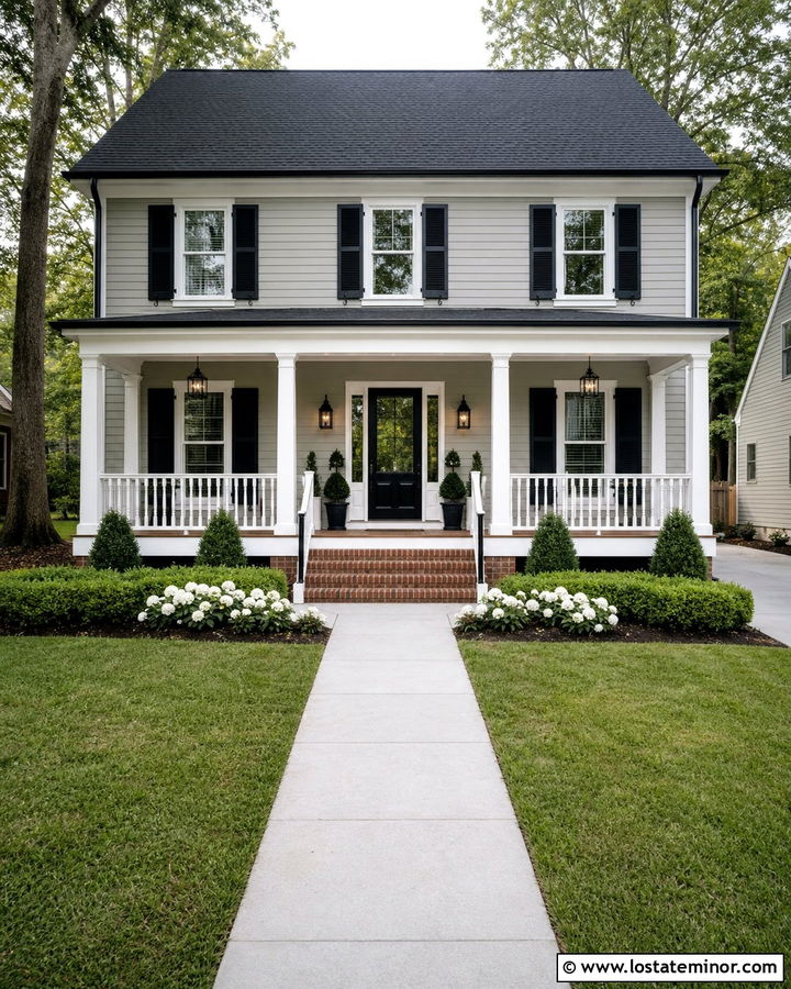 Light Grey House With Black Shutter Front Porch - 30 Light Grey House Design With Front Porch Ideas