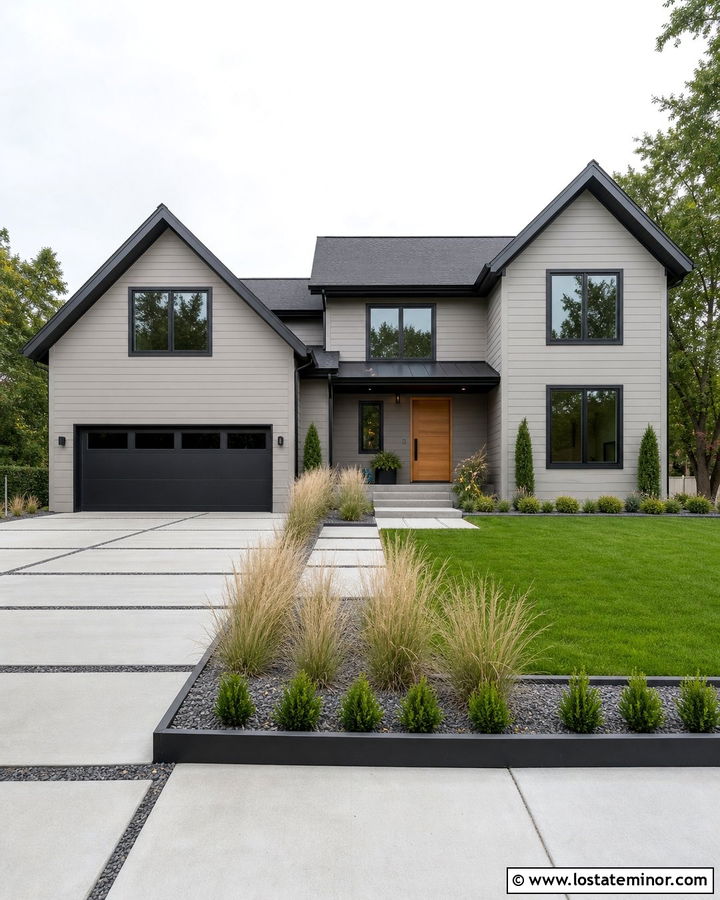 Light Grey House With Black Trim And Ornamental Grasses - 30 Light Grey House Design With Landscaping Ideas