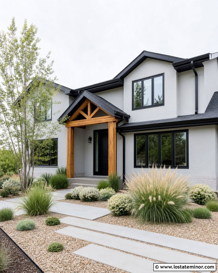 Light Grey House With Black Trim And Ornamental Grasses - 30 Light Grey House Design With Front Yard Ideas