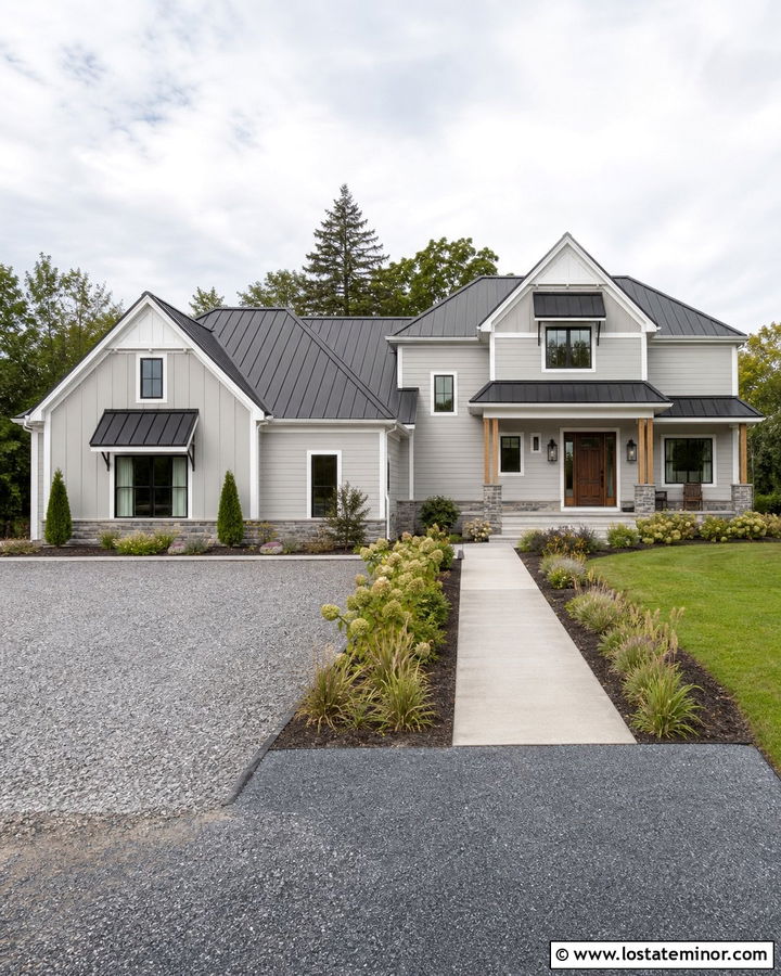 Light Grey House With Black Window Awnings - 30 Light Grey House Design With Awning Ideas
