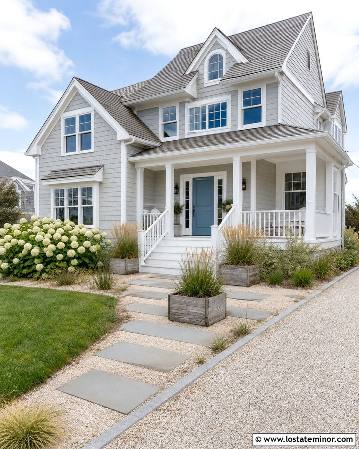 Light Grey House With Blue Door And Coastal Landscaping - 30 Light Grey House Design With Landscaping Ideas