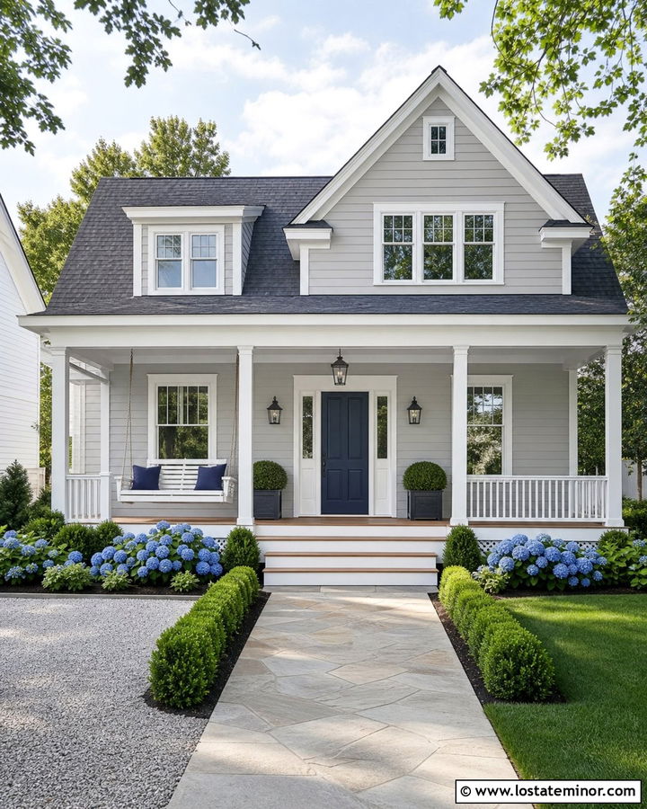 Light Grey House With Blue Door And White Swing - 30 Light Grey House Design With Swing Ideas