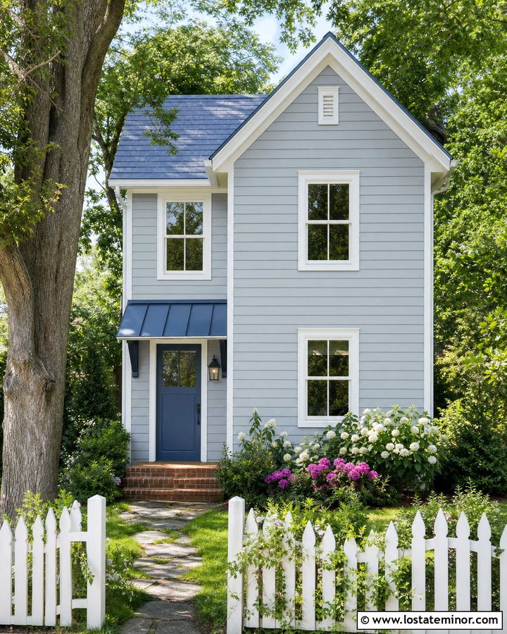 Light Grey House With Blue Door Awning - 30 Light Grey House Design With Awning Ideas