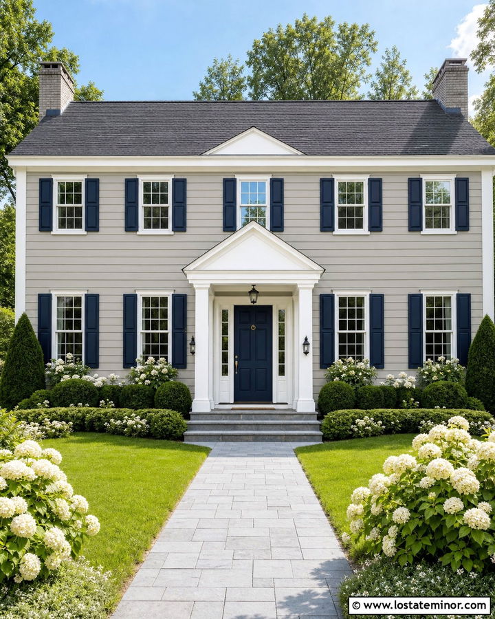 Light Grey House With Blue Door Portico - 30 Light Grey House Design With Portico Ideas