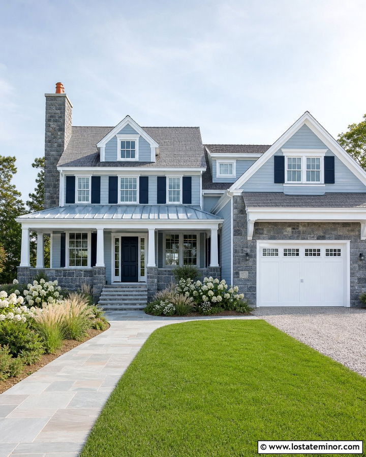 Light Grey House With Blue Grey Stone - 30 Light Grey House Design With Stone Accents Ideas
