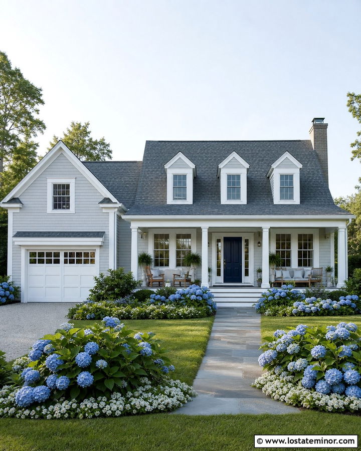 Light Grey House With Blue Hydrangeas And White Trim - 30 Light Grey House Design With Landscaping Ideas
