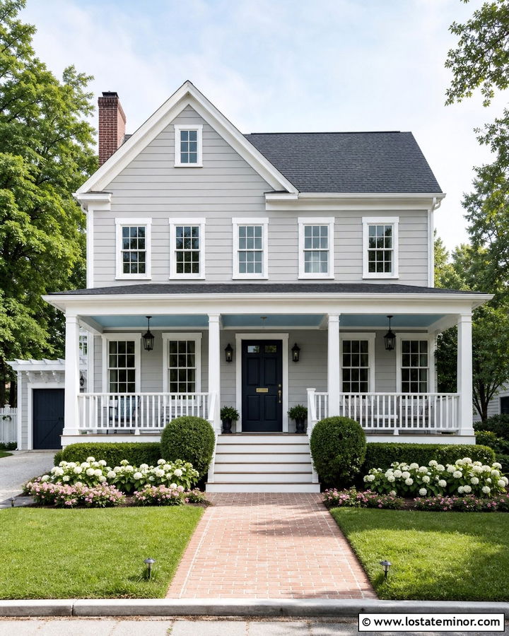 Light Grey House With Blue Porch Ceiling - 30 Light Grey House Design With Front Porch Ideas