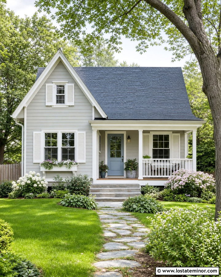 Light Grey House With Blue Roof And White Shutters - 30 Light Grey House Design With Roof Ideas