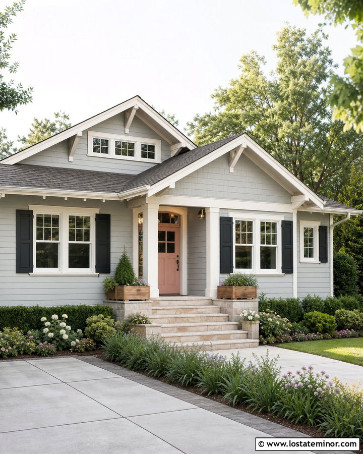Light Grey House With Blush Pink Front Door - 30 Light Grey House Design With Entry Door Ideas