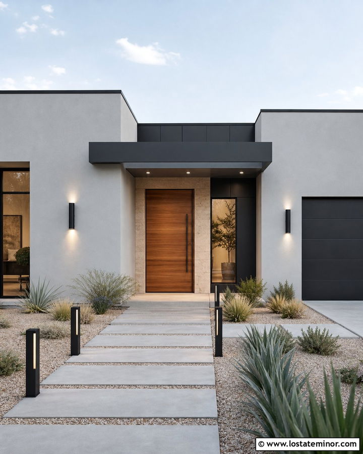 Light Grey House With Bollard Lights - 30 Light Grey House Design With Lighting Ideas