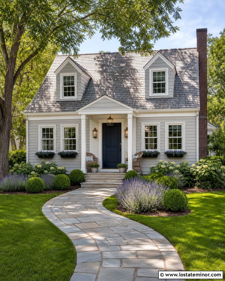Light Grey House With Brass Porch Lights - 30 Light Grey House Design With Lighting Ideas