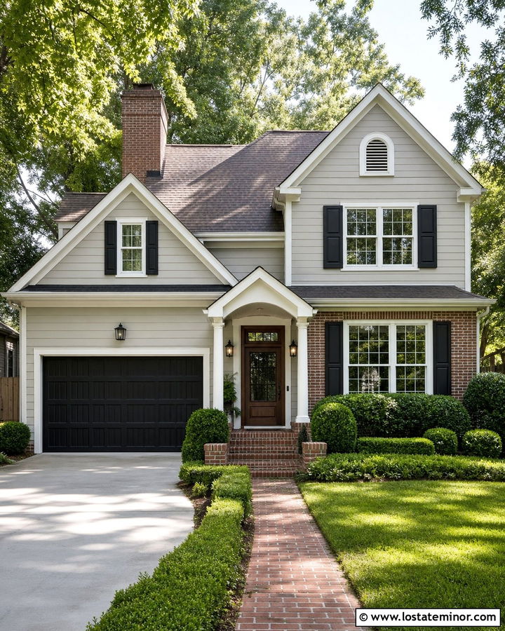Light Grey House With Brick And Black Garage Door - 30 Light Grey House Design With Garage Door Ideas