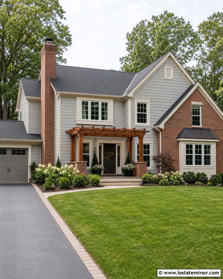 Light Grey House With Brick And Pergola - 30 Light Grey House Design With Pergola Ideas