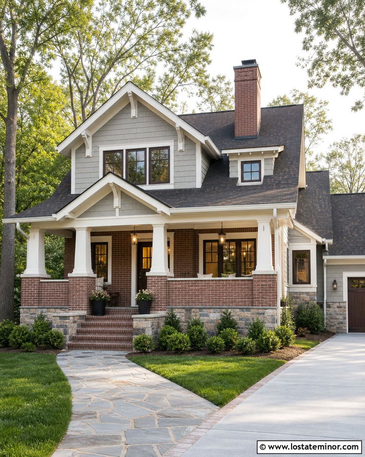 Light Grey House With Brick And Stone Accents - 30 Light Grey House Design With Brick Accents Ideas