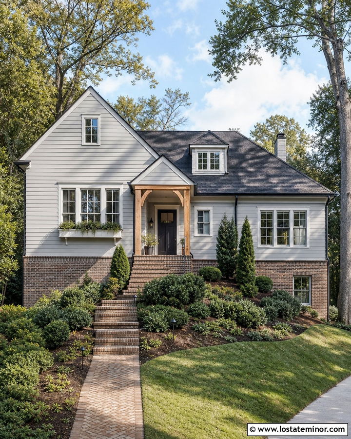 Light Grey House With Brick Foundation - 30 Light Grey House Design With Brick Accents Ideas