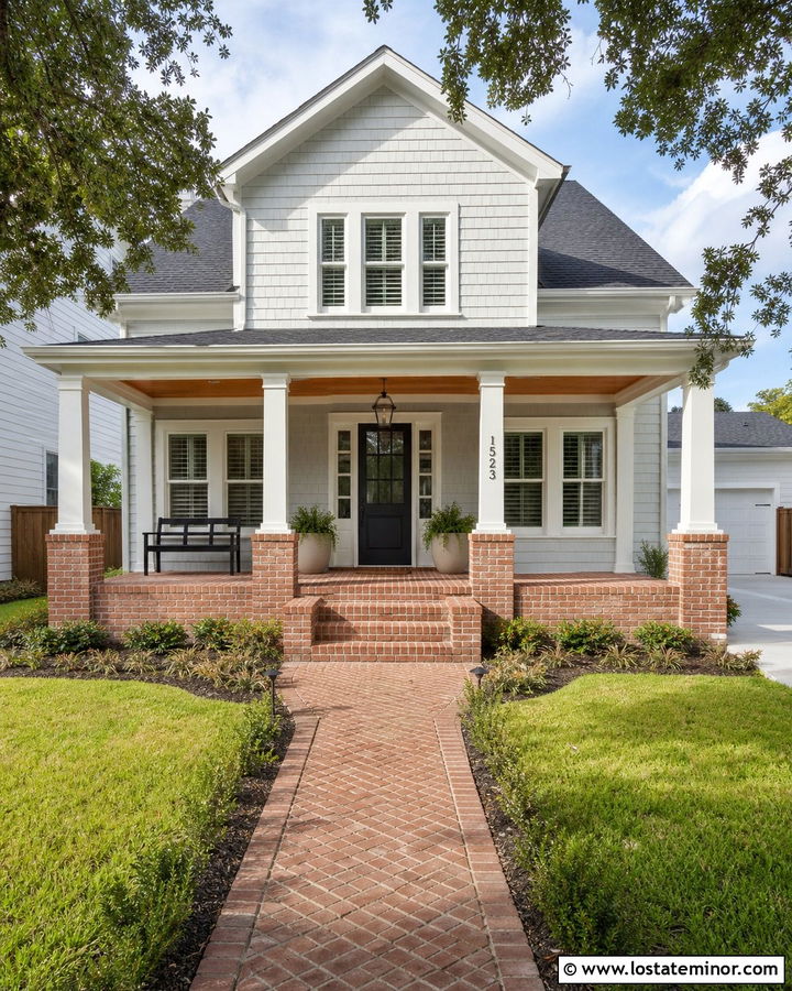 Light Grey House With Brick Front Porch - 30 Light Grey House Design With Brick Accents Ideas