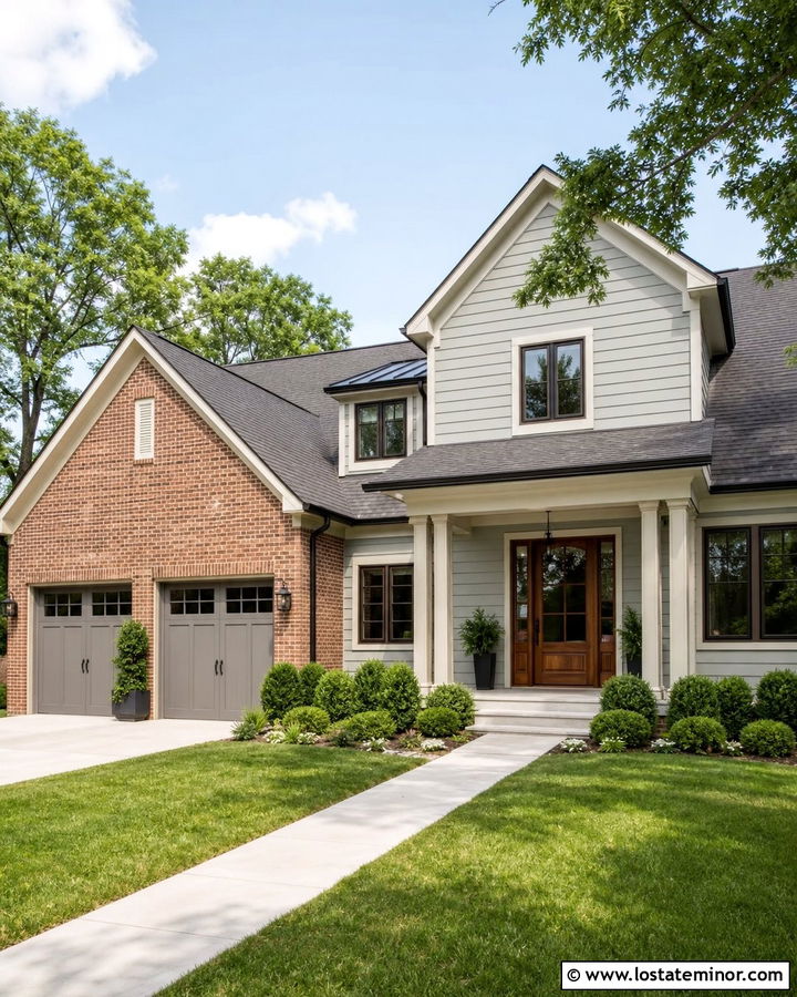 Light Grey House With Brick Garage - 30 Light Grey House Design With Brick Accents Ideas