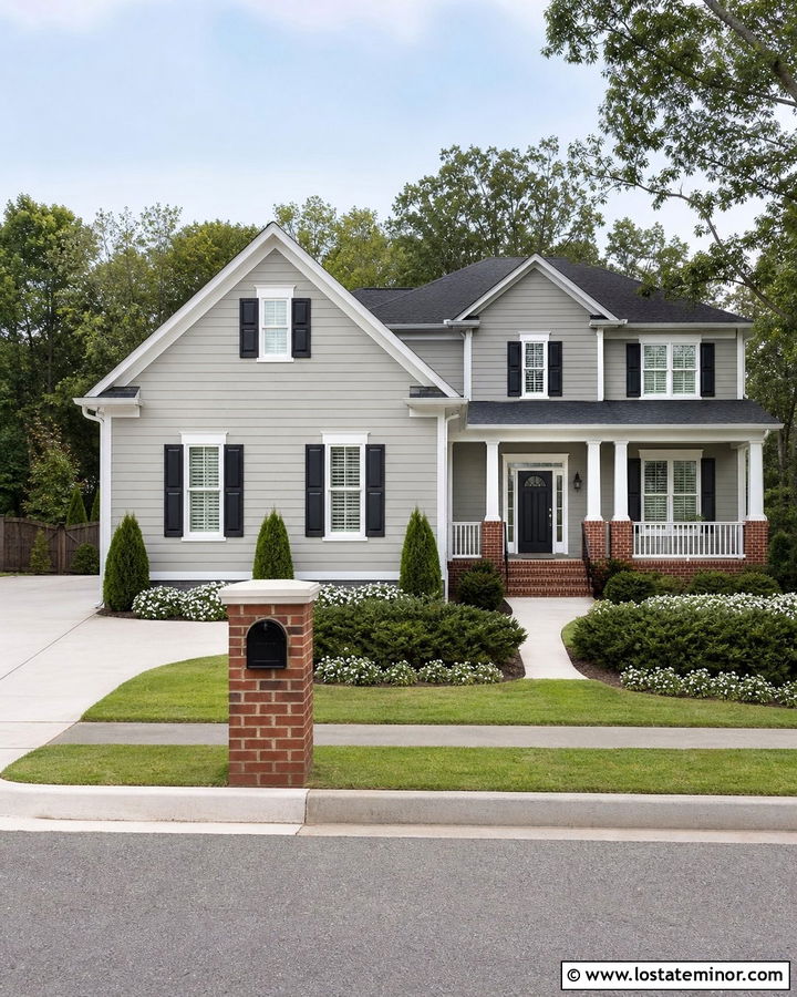 Light Grey House With Brick Mailbox Column - 30 Light Grey House Design With Mailbox Ideas