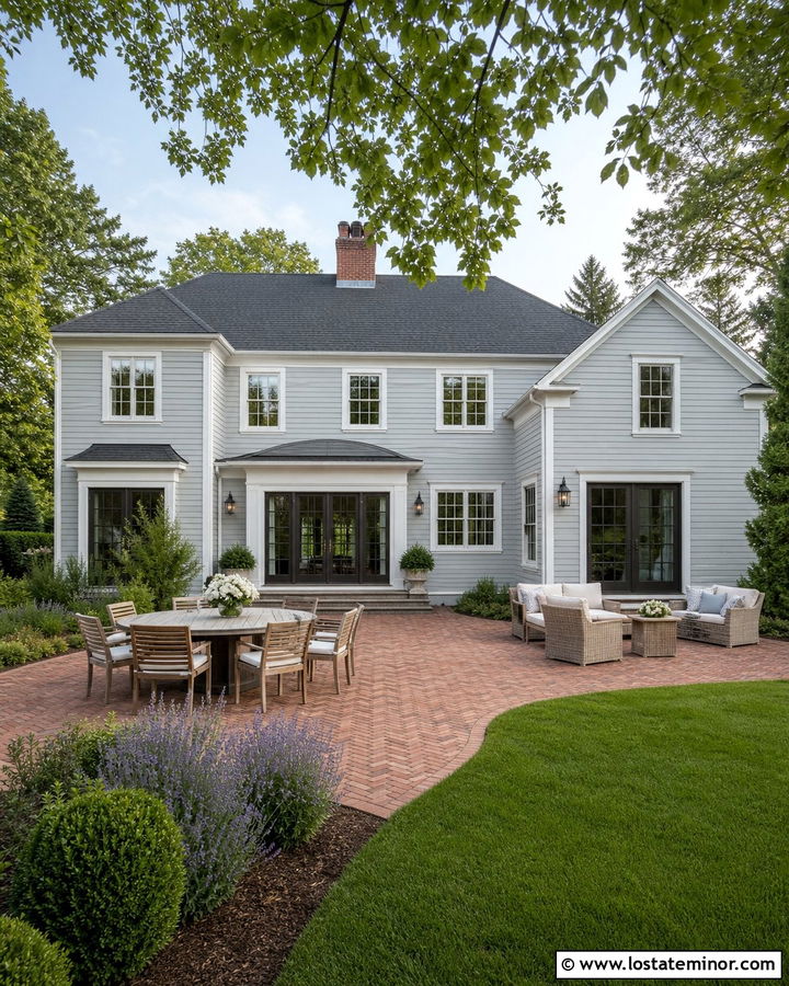 Light Grey House With Brick Patio - 30 Light Grey House Design With Backyard Ideas