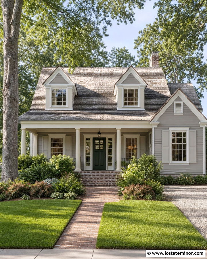 Light Grey House With Brick Porch And Dormers - 30 Light Grey House Design With Dormers Ideas