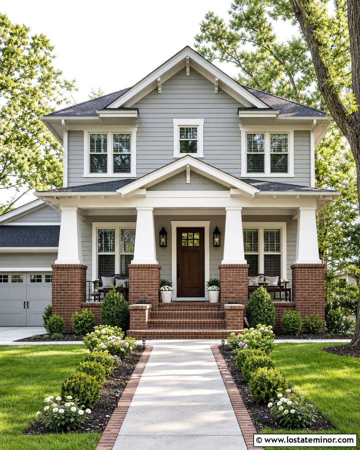 Light Grey House With Brick Porch Columns - 30 Light Grey House Design With Brick Accents Ideas