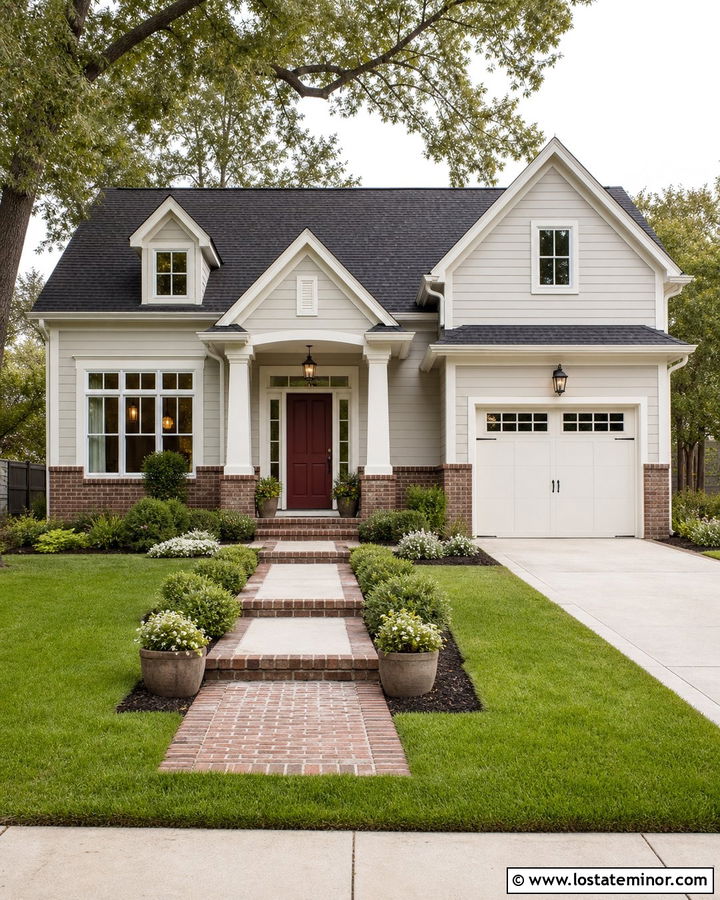 Light Grey House With Brick Skirt And Burgundy Door - 30 Light Grey House Design With Brick Accents Ideas