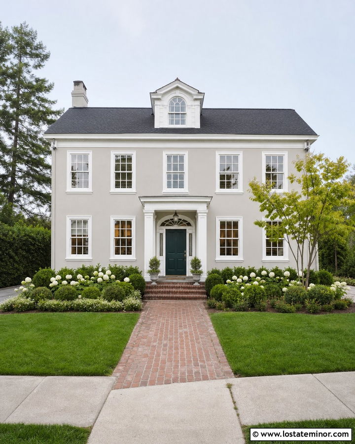 Light Grey House With Brick Walkway And Green Shrubs - 30 Light Grey House Design With Landscaping Ideas