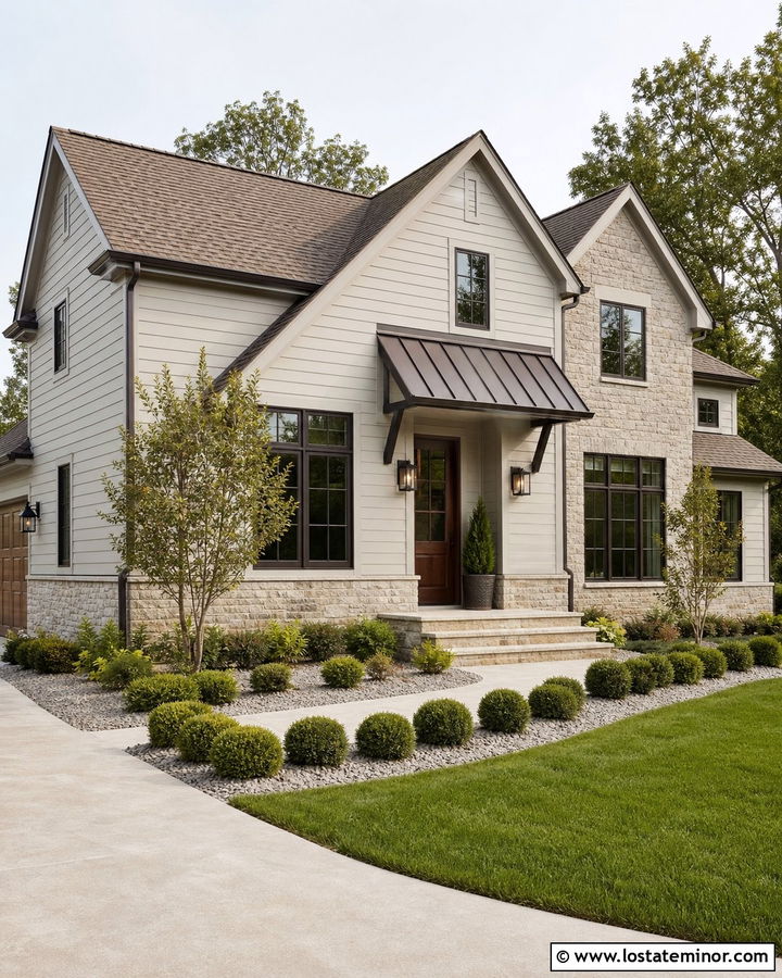 Light Grey House With Bronze Metal Awning - 30 Light Grey House Design With Awning Ideas