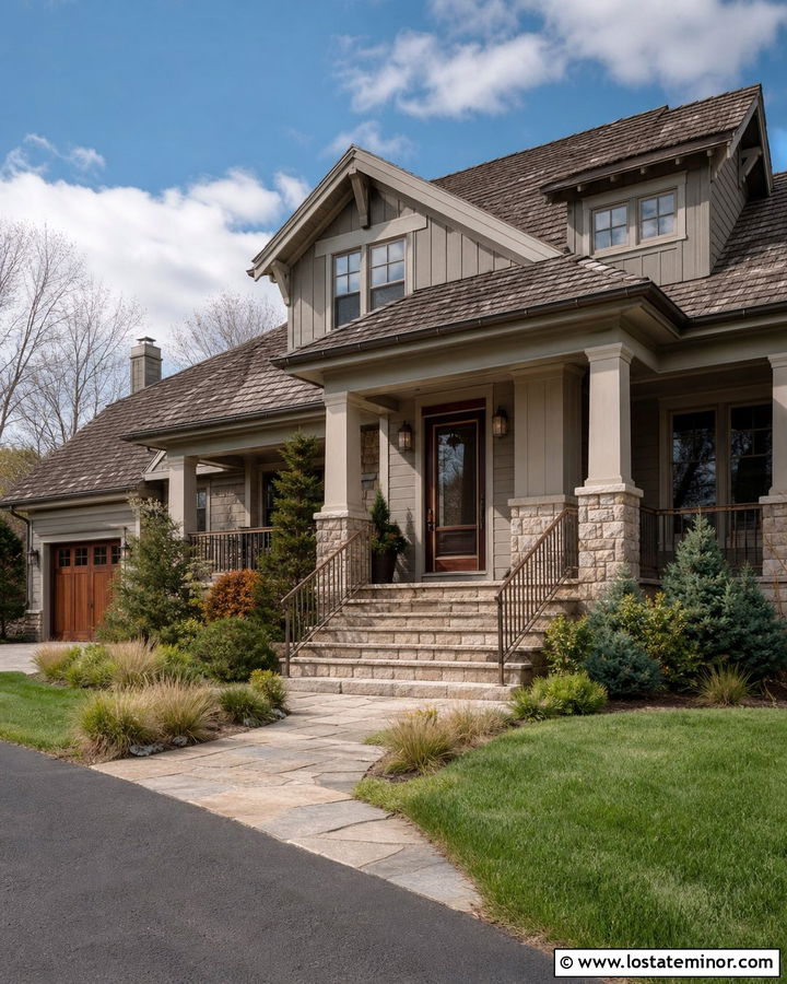 Light Grey House With Bronze Screen Door And Stone Porch - 30 Light Grey House Design With Screen Door Ideas