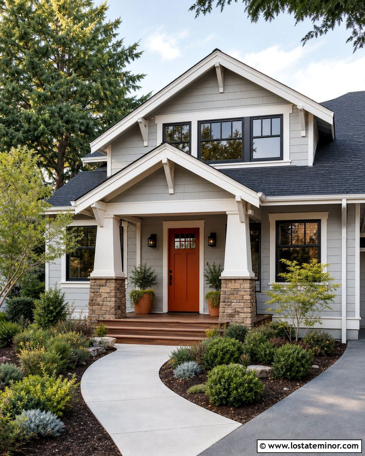 Light Grey House With Burnt Orange Front Door - 30 Light Grey House Design With Entry Door Ideas