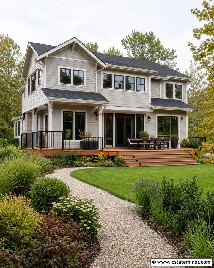 Light Grey House With Cedar Deck - 30 Light Grey House Design With Backyard Ideas