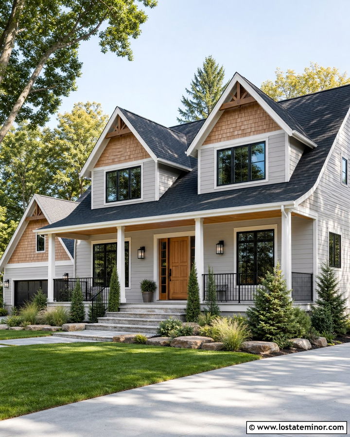 Light Grey House With Cedar Dormer Accents - 30 Light Grey House Design With Dormers Ideas