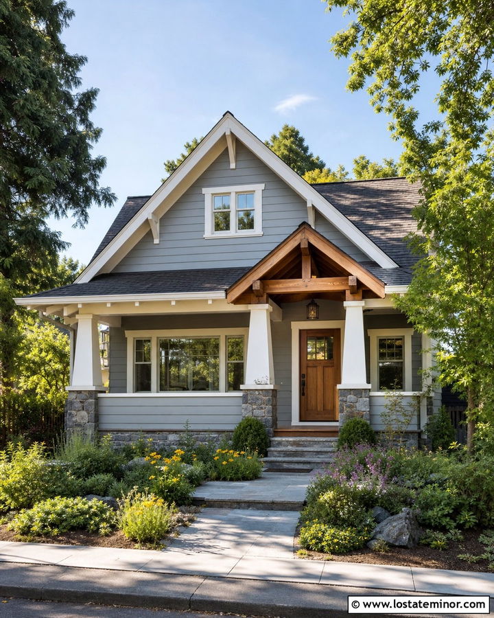 Light Grey House With Cedar Front Door Awning - 30 Light Grey House Design With Awning Ideas
