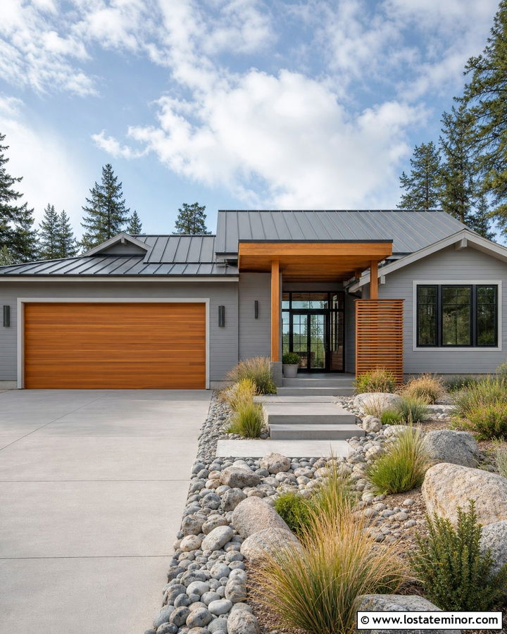 Light Grey House With Cedar Garage Door - 30 Light Grey House Design With Garage Door Ideas