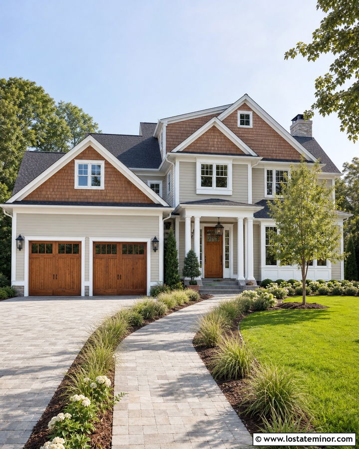 Light Grey House With Cedar Garage Doors And Shake Gables - 30 Light Grey House Design With Cedar Shake Ideas