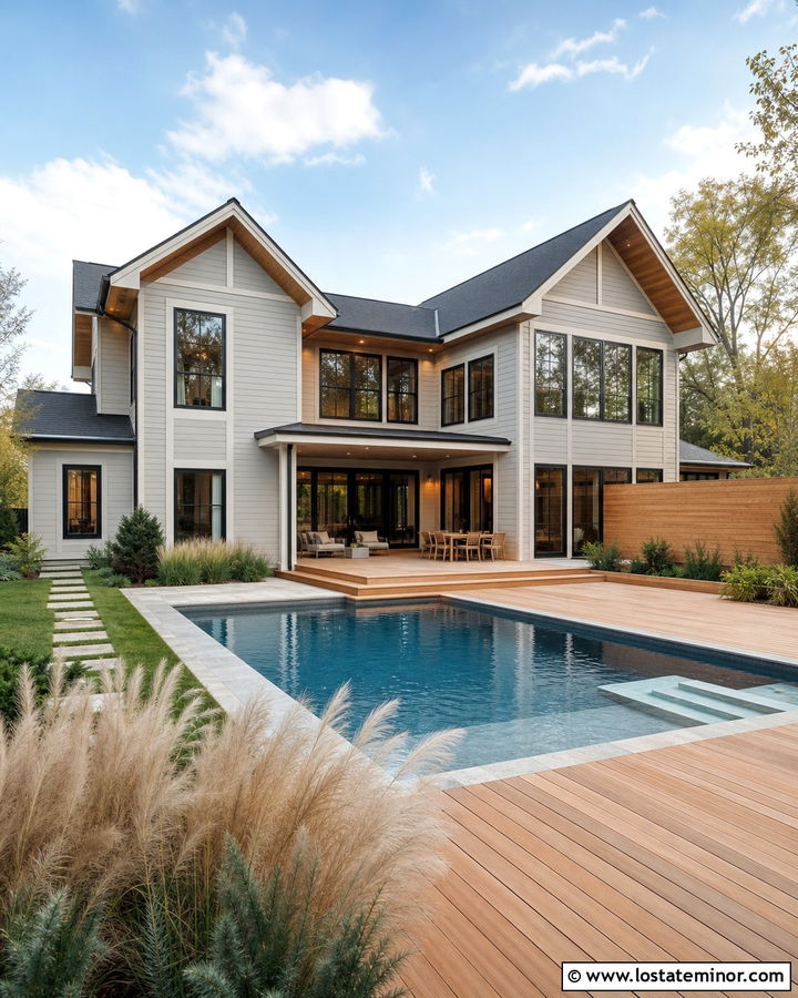 Light Grey House With Cedar Pool Deck - 30 Light Grey House Design With Swimming Pool Ideas