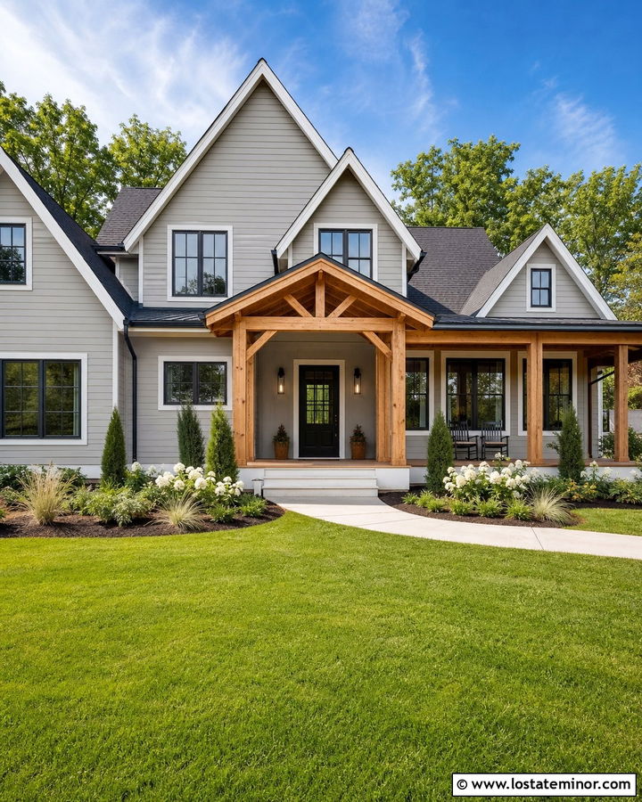 Light Grey House With Cedar Porch And Green Lawn - 30 Light Grey House Design With Front Yard Ideas