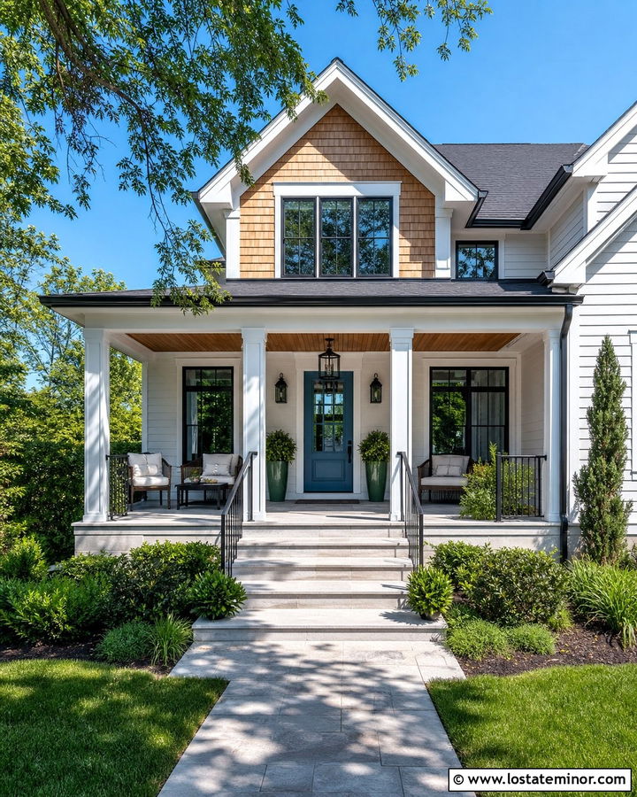 Light Grey House With Cedar Porch Ceiling And Shake Siding - 30 Light Grey House Design With Cedar Shake Ideas
