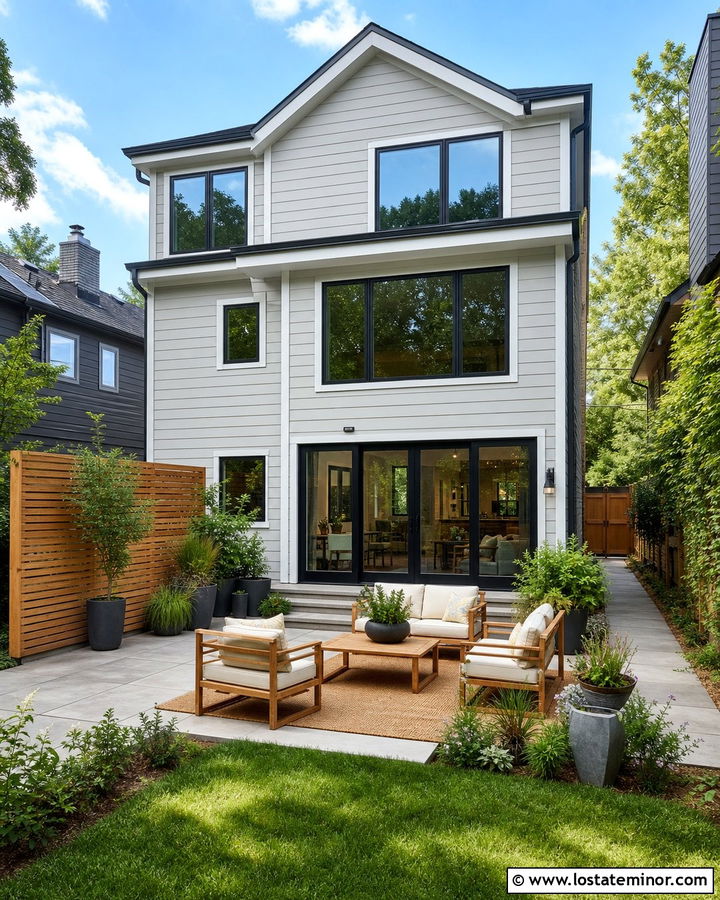 Light Grey House With Cedar Privacy Screen - 30 Light Grey House Design With Backyard Ideas