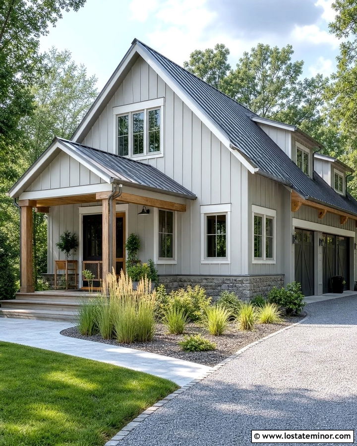 Light Grey House With Cedar Screen Door And Metal Roof - 30 Light Grey House Design With Screen Door Ideas