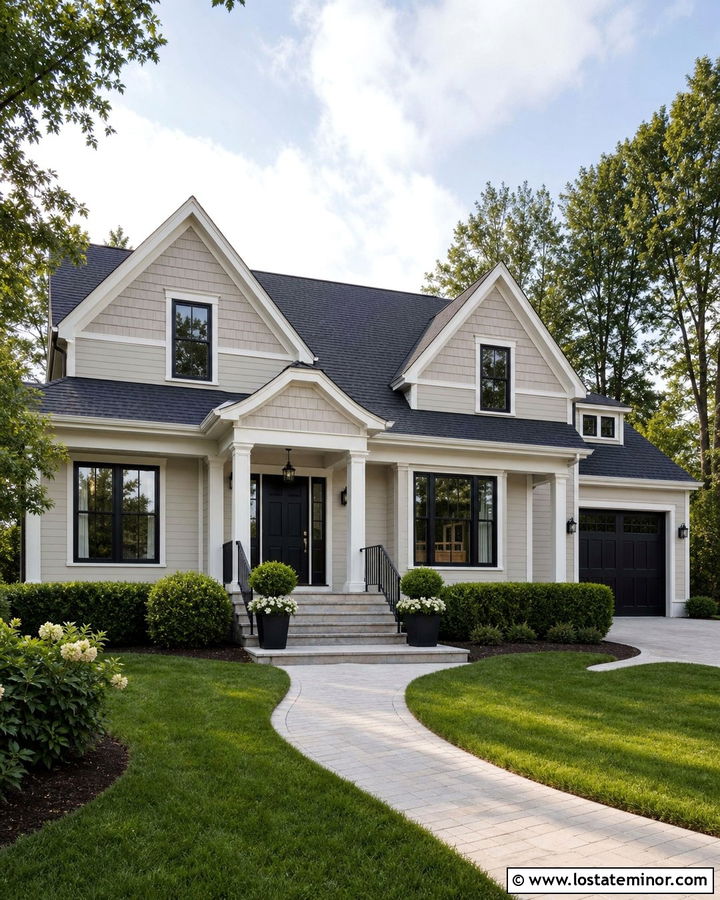 Light Grey House With Cedar Shake And Black Front Door - 30 Light Grey House Design With Cedar Shake Ideas
