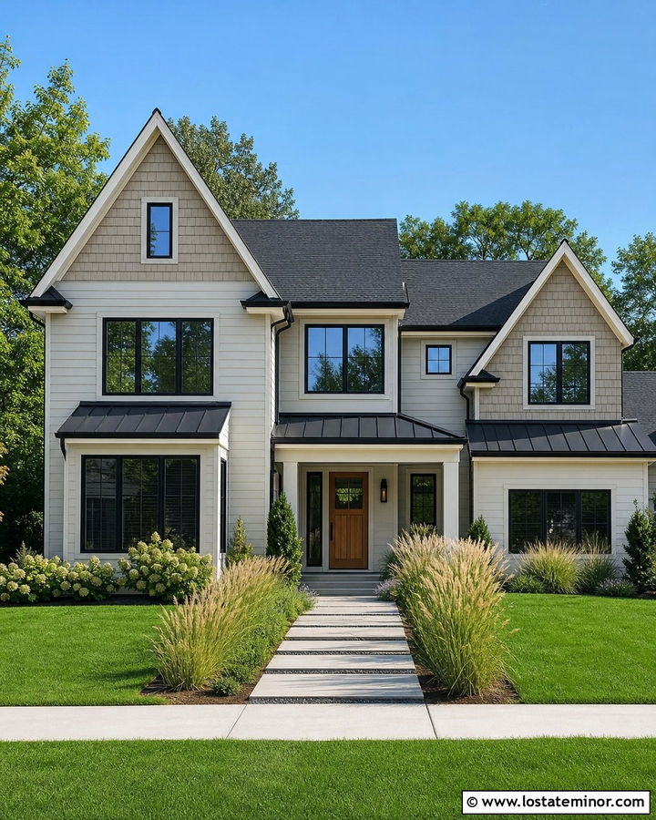 Light Grey House With Cedar Shake And Black Windows - 30 Light Grey House Design With Cedar Shake Ideas