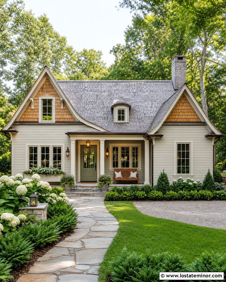 Light Grey House With Cedar Shake And Green Front Door - 30 Light Grey House Design With Cedar Shake Ideas