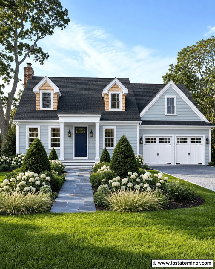 Light Grey House With Cedar Shake And Navy Front Door - 30 Light Grey House Design With Cedar Shake Ideas